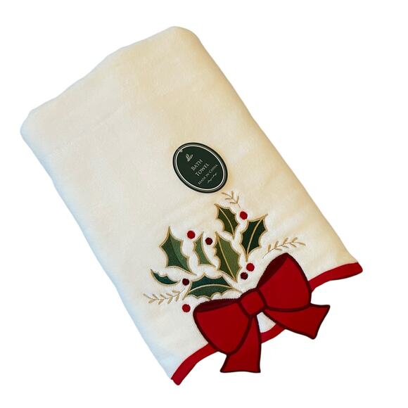 Wellesley Manor Christmas Holly Bow Embroidered Decorative Hand Towel Set of 2 - Picture 15 of 15
